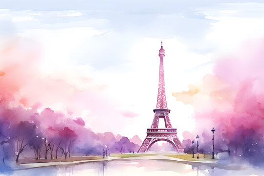 Watercolor dreamy cityscape of the Eiffel tower in pink purple color painting background