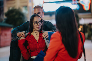 Naklejka premium Young creative professionals engaged in an outdoor business meeting, collaborating and discussing a new project together. Businessman giving his coat to his female partner.