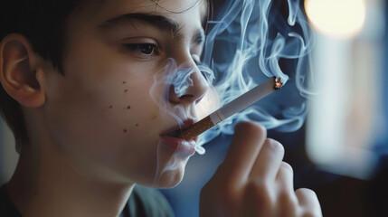 Obraz premium A close up captures the struggle of a young man exhaling cigarette smoke, grappling with nicotine addiction, Ai Generated