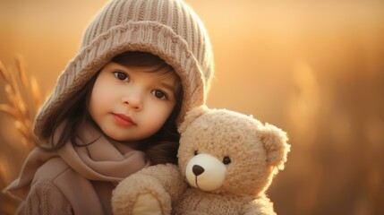 Adorable image of a little girl hugging her teddy bear against a beautiful background, capturing a precious childhood moment.