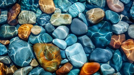 Colorful pebbles in water, close-up shot, crisp details, rich textures, and vibrant aquatic background