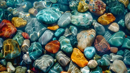Colorful pebbles in water, close-up shot, crisp details, rich textures, and vibrant aquatic background