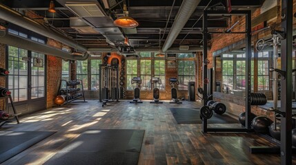 A modern industrial gym with exposed brick walls and large windows, featuring exercise equipment and weights.