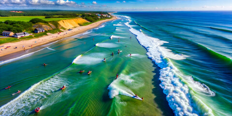 Surfers riding waves on a sunny beach