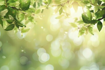 Spring background with green leaves and sunlight, banner template for nature concept. Close up of fresh leaves on blurred bokeh light pastel background.