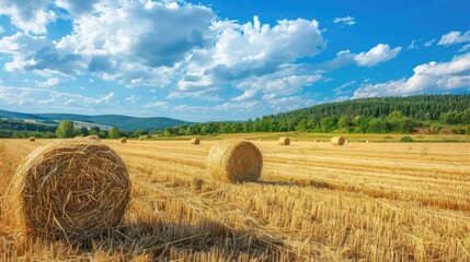 Fototapeta premium Scenic rural view Circular straw bundles in fields after harvesting under the summer sky