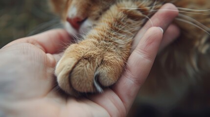 Obraz premium A close-up of a human hand gently holding a cat's paw in a natural outdoor, trust and companionship during person and animal, kitten and human, cat and relationship together.