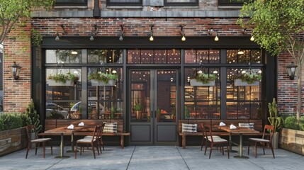 A brick building restaurant with large storefront windows and a patio with tables and chairs.