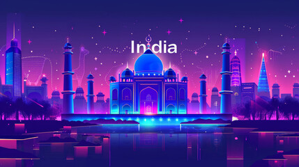 Indian architecture, cityscape in the night, in the style of graphic design-inspired illustrations, travel poster