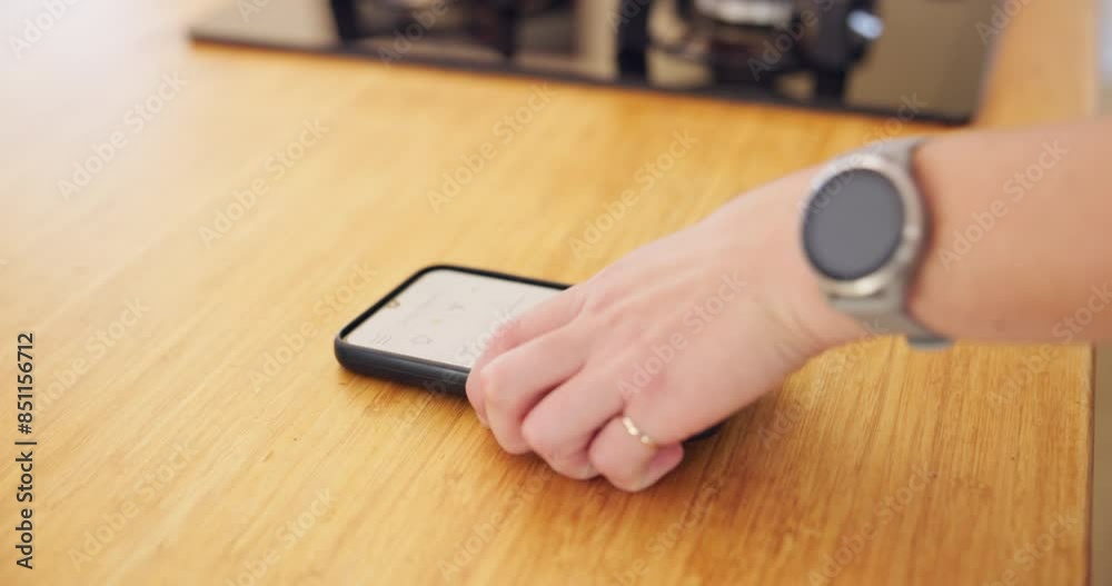Poster Smartphone, table and person hands with screen for social media, app and smart home interface. Mobile, technology and countertop with ui or ux in house for alarm ring, internet or system notification