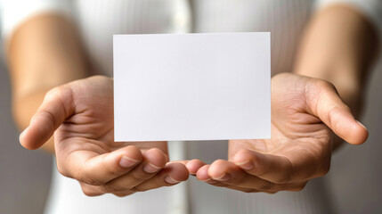 Obraz premium A woman is holding a white card in her hand. The card is blank, and it could be a business card or a card for a special occasion