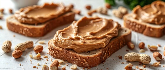 Slice of bread with smooth peanut butter spread and peanuts on a white background