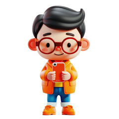 Fototapeta premium Playful 3D character with a smartphone, depicted on a clean white background