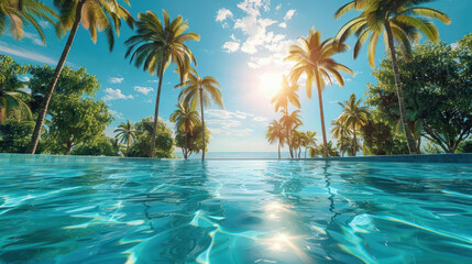 Obraz premium Tropical resort pool surrounded by palm trees under a bright sunny sky, offering a serene vacation destination with crystal clear waters and luxury amenities