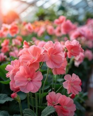 Vibrant pink flowers blooming in a greenhouse, showcasing horticultural beauty in an indoor garden setting with natural light exposure