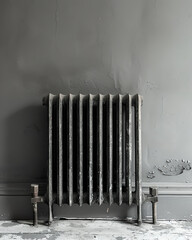 White radiator against a plain wall Represents heating, warmth, and household utility in a minimalist setting