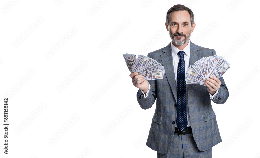 Wall mural Business success of millionaire. Businessman dealing with money. Millionaire business man with money isolated on white. Rich and successful businessman. Millionaire lifestyle wealth. Advertisement