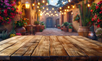 Blank wooden table top on blurred mexican or italian cafe interior mockup background, evening. empty old wooden table with interior restaurant in soft focus in the background.	