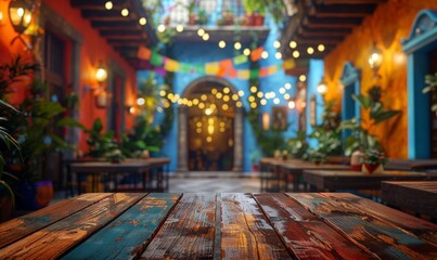Blank wooden table top on blurred mexican or italian cafe interior mockup background, evening. empty old wooden table with interior restaurant in soft focus in the background.	