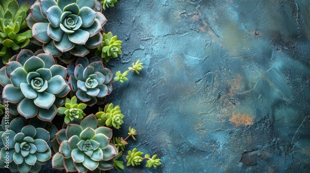 Poster a close-up image of a group of succulents arranged on a blue textured background.