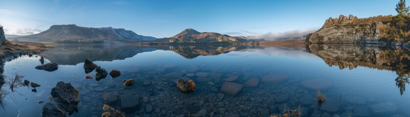 Fototapeta premium A mountain range is reflected in the water