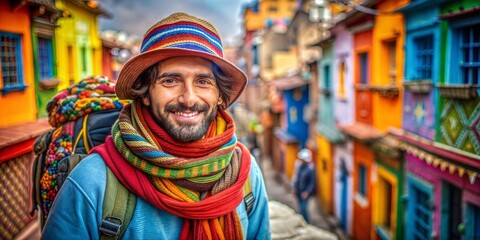 Fototapeta premium Man with backpack in a colorful city street