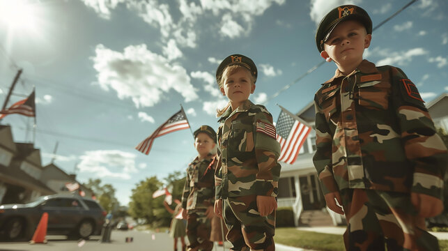 Dynamic view at ground level: kids in camo wave flags during suburban Memorial Day festivity. - Powered by Adobe
