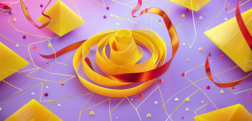 Obraz premium Minimalist 3D background: swirling yellow pyramids and crimson ribbons on a lavender gradient with diamond patterns.