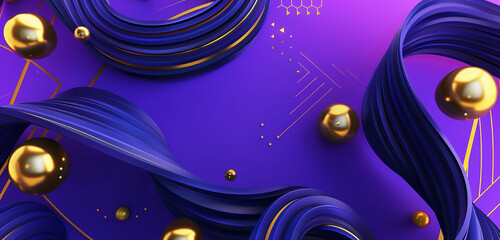 Obraz premium Minimalist 3D background with indigo lines and gold orbs twisting on a bright purple gradient with geometric patterns.