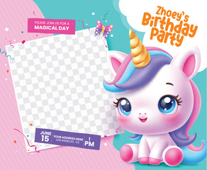 Birthday party invitation vector template design. Happy birthday greeting with empty space for celebrant picture and cute unicorn character elements invitation card design. Vector illustration  © Zeinous