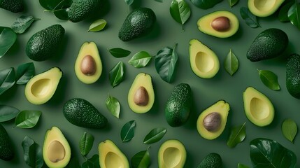 Fresh avocado pattern on a green background flat lay. 
