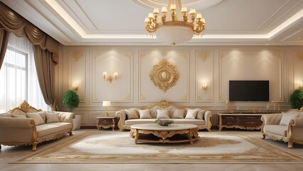 Royal luxury living room interior design with TV, beige and white colors interior design, luxurious living room home decor design of a king palace, photo realistic 