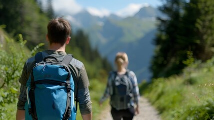 A couple hiking on a holiday, surrounded by tall pine trees and mountains. Hiking couple explores mountain paths on a holiday, capturing outdoor beauty.