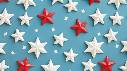 Obraz premium Continuous pattern of white stars on a blue background with red touches for Memorial Day.
