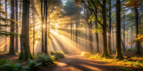 Fototapeta premium Morning sunlight streaming through misty forest