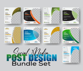 Set of professional business social media post and Square banner bundles set, with place for photo, with nine design and creative colorful variation