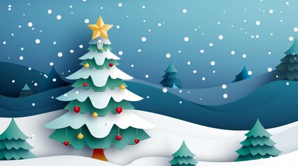 Paper cutout Christmas tree with ornaments and a star topper,paper cutout style