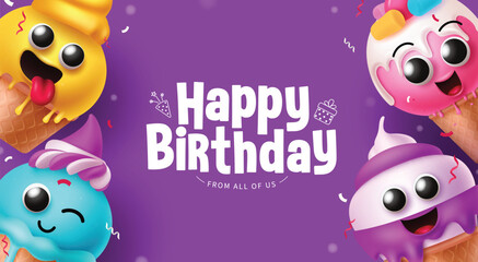 Happy birthday greeting vector template design. Birthday greeting text with cute smiling cone ice cream characters elements for kids invitation card in purple background. Vector illustration birthday 