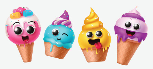 Ice cream character birthday vector set design. Birthday ice cream characters strawberry, blueberry and cheese flavors with smiling face and yummy toppings isolated white background. Vector 