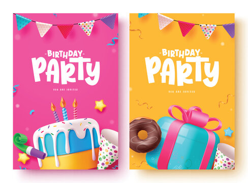 Birthday party invitation card vector poster set. Birthday greeting text with cake, gift box, party hat and pennants decoration elements in pink and yellow template collection. Vector illustration 