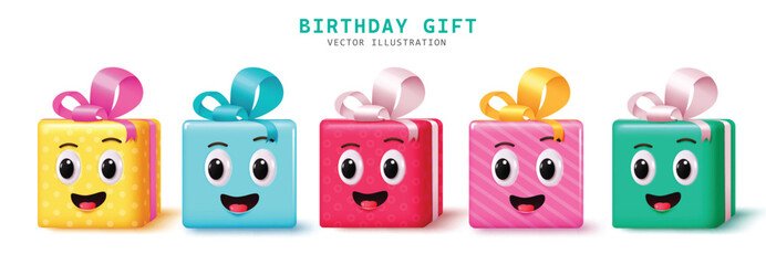 Fototapeta premium Birthday gifts characters vector set design. Birthday gift box character elements with smiling face graphic collection isolated in white background. Vector illustration birthday gifts elements. 