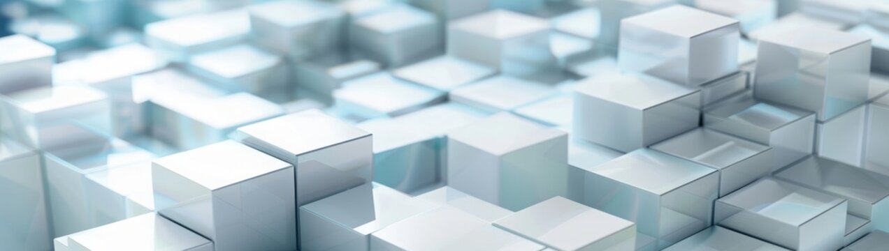 Rendered 3D Blocks Minimalist White Abstract Background. Three Dimensional Science Technologic Tetragonal Blocks Structure Light Conceptual Art Illustration.