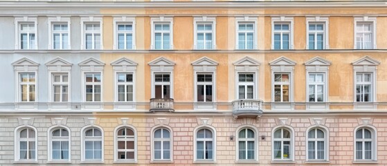 Fototapeta premium apartment building's historic exterior boasts elegant windows that whisper tales of the city's past