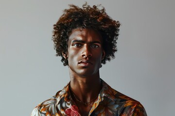 Obraz premium Stylish young man with curly hair, wearing a vibrant floral shirt, looking confidently into the camera against a gray background.