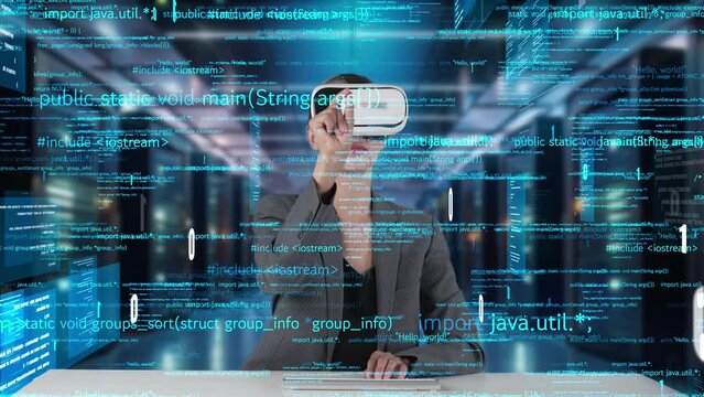 IT developer typing computer code for analyzing intelligent website development coder system data selection by VR innovation interface digital network technology visual hologram server. Contraption.