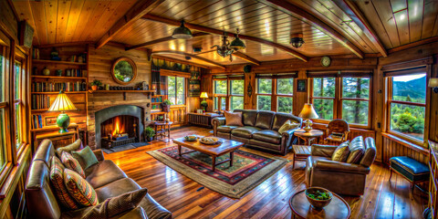 Cozy cabin living room with fireplace and mountain view