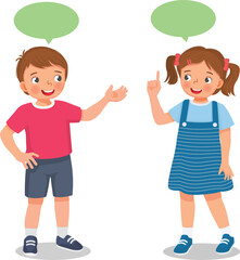 Cute little kids boy and girl talking having conversation with each others with speech bubbles