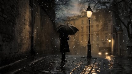 A silhouette with an umbrella stands beneath a lamppost on a quiet, rainy cobblestone street.