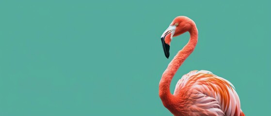 Obraz premium A pink flamingo with an elegant neck and striking beak, standing in water, showcasing its beauty and grace in a tropical wildlife setting