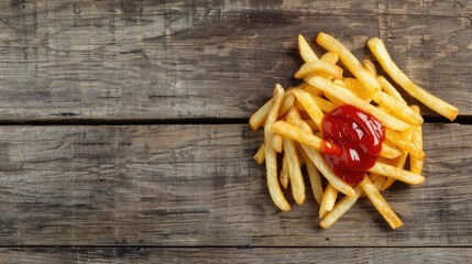 French fries topped with ketchup on a wooden table background Concept of fast food and poor dietary habits